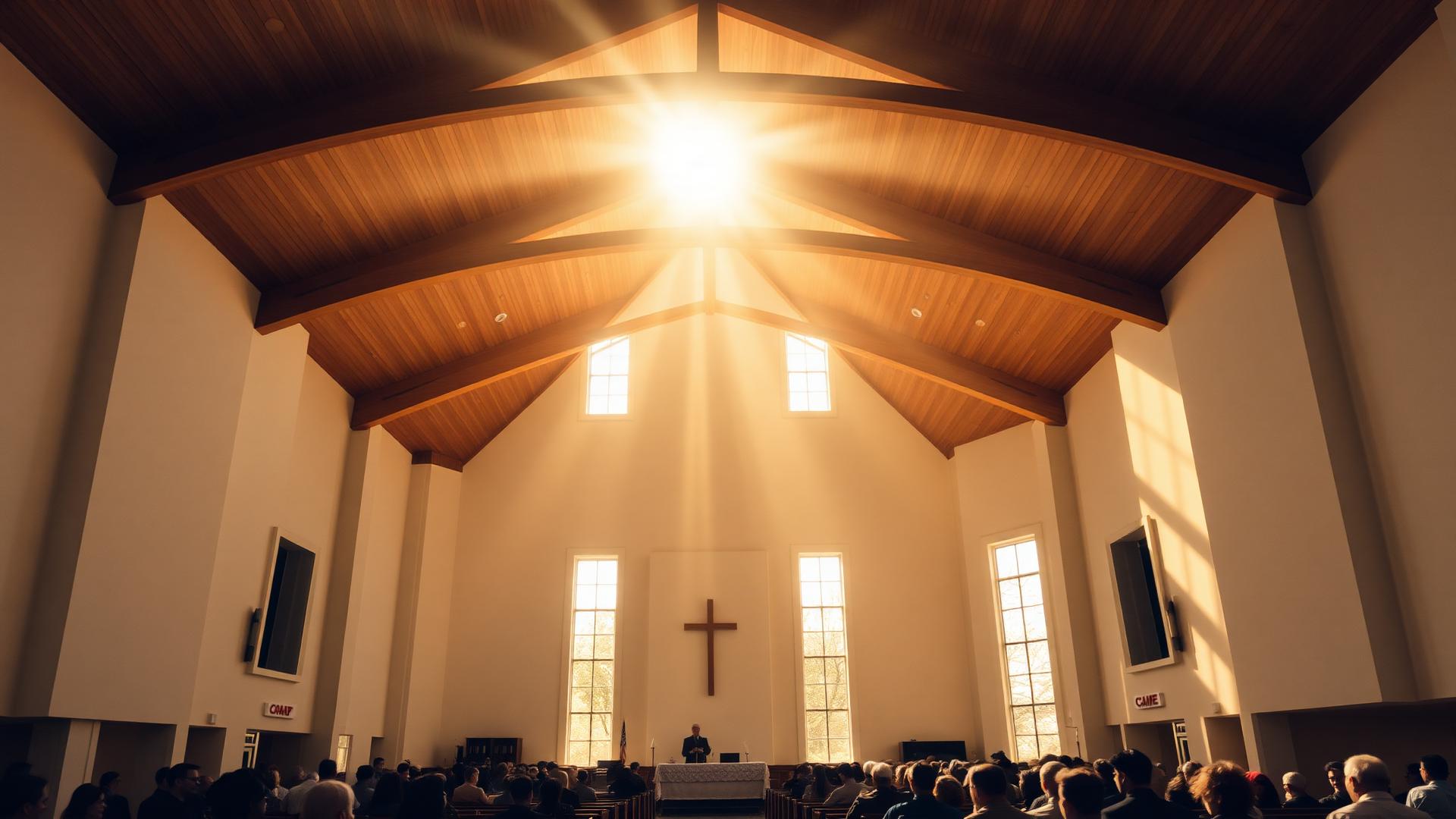 Sunlit chapel sanctuary during a Sunday morning gathering